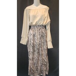 Womens Zebra Print Off Shoulder Smocked Waist Maxi Dress Cream XXL NEW